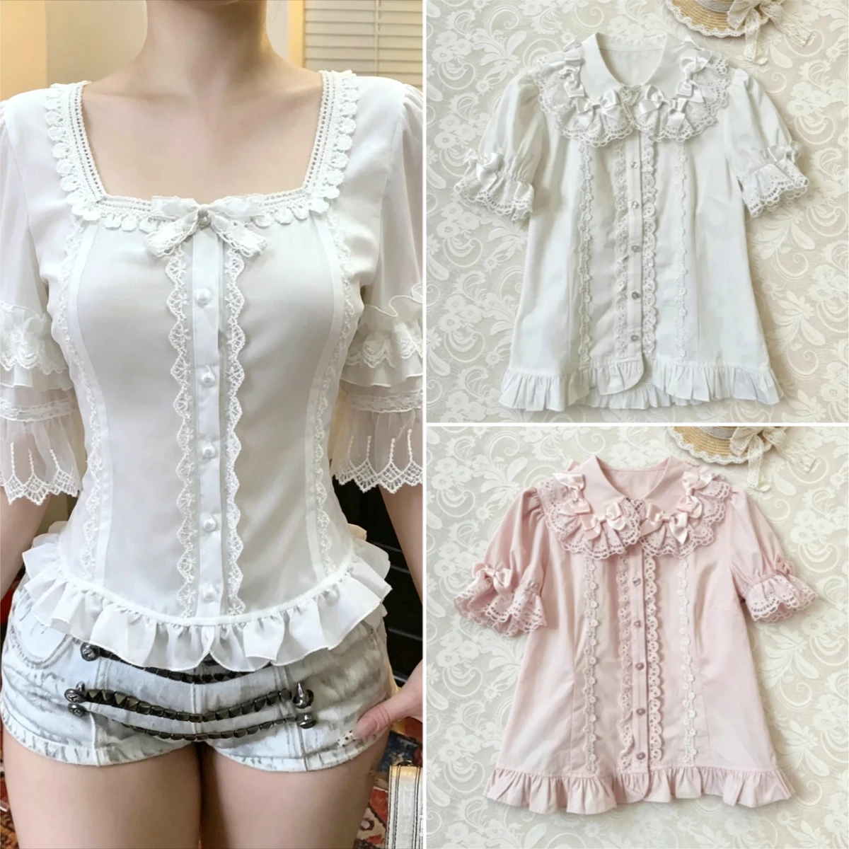Vintage Y2K Lolita Style Blouses Women Elegant Square Neck Lace Half Flare Sleeve Shirt Female Sweet Fashion Button Tops New