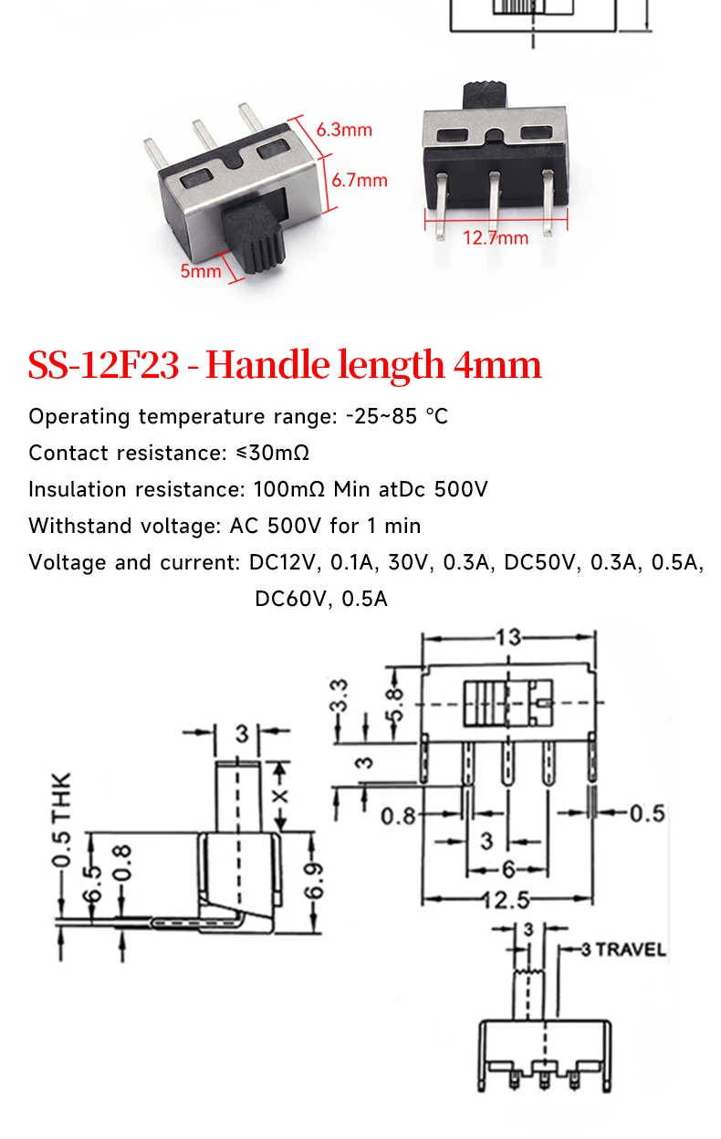 5 Stück Mini-SPDT-Schiebe-Kippschaltergriff 3/5mm MSS-22D018 SS-12D00 SK-22D07 MSK-12C02 SS-12F44 MSK23D19 - Elektronisches Bauteil – Detail 12