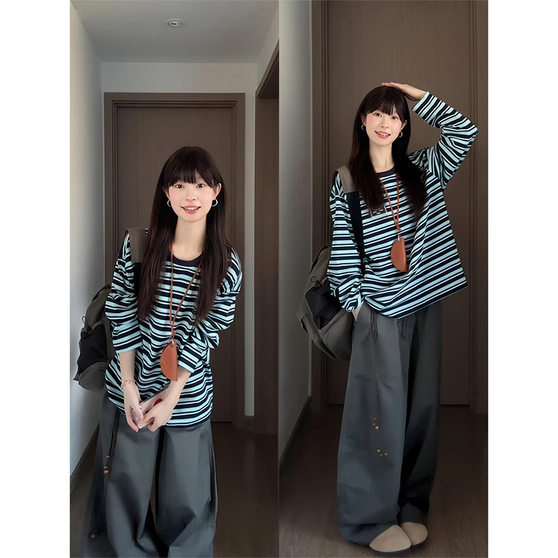 

Женская свободная футболка с длинным рукавом, круглым вырезом, тонкая, осенняя, новая, базовая, в корейском стиле, удобная, дышащая, в полоску