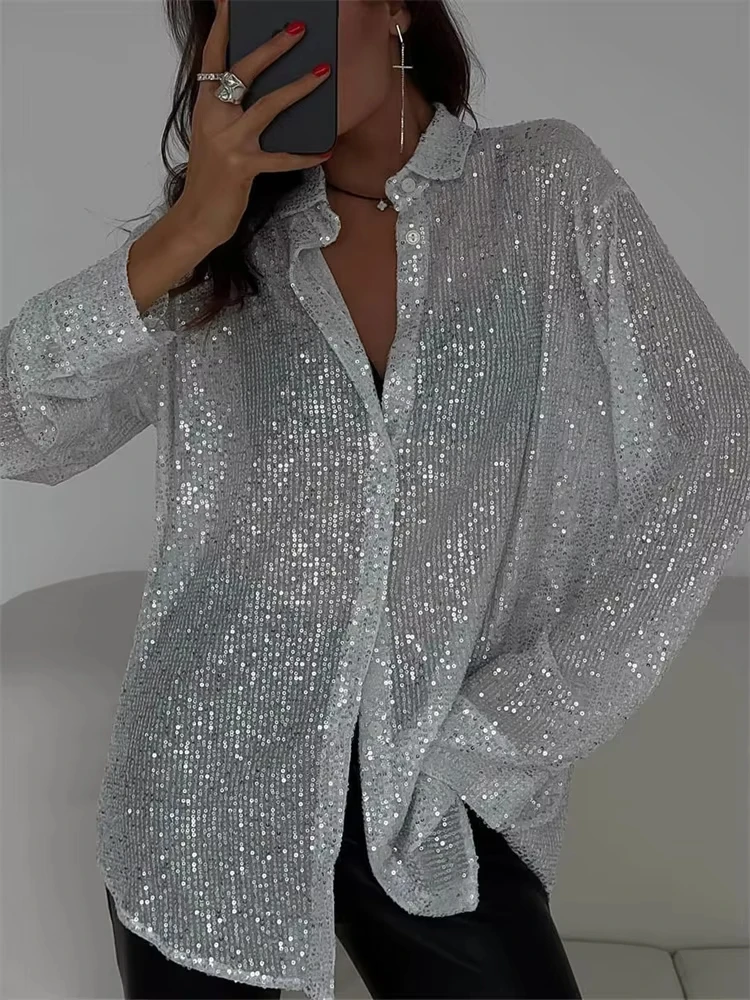 Sequin Loose Fashion Shirts Female Casual Lapel Cardigan Summer Clothes New Outwear Glitter Party Blouse Luxury Women\'s