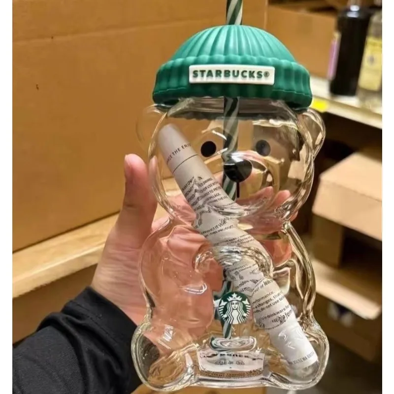 Copo Starbucks North America Bear Straw de 591ml, transparente, com tampa de silicone verde à prova de vazamentos, para viagem, ideal para presente.