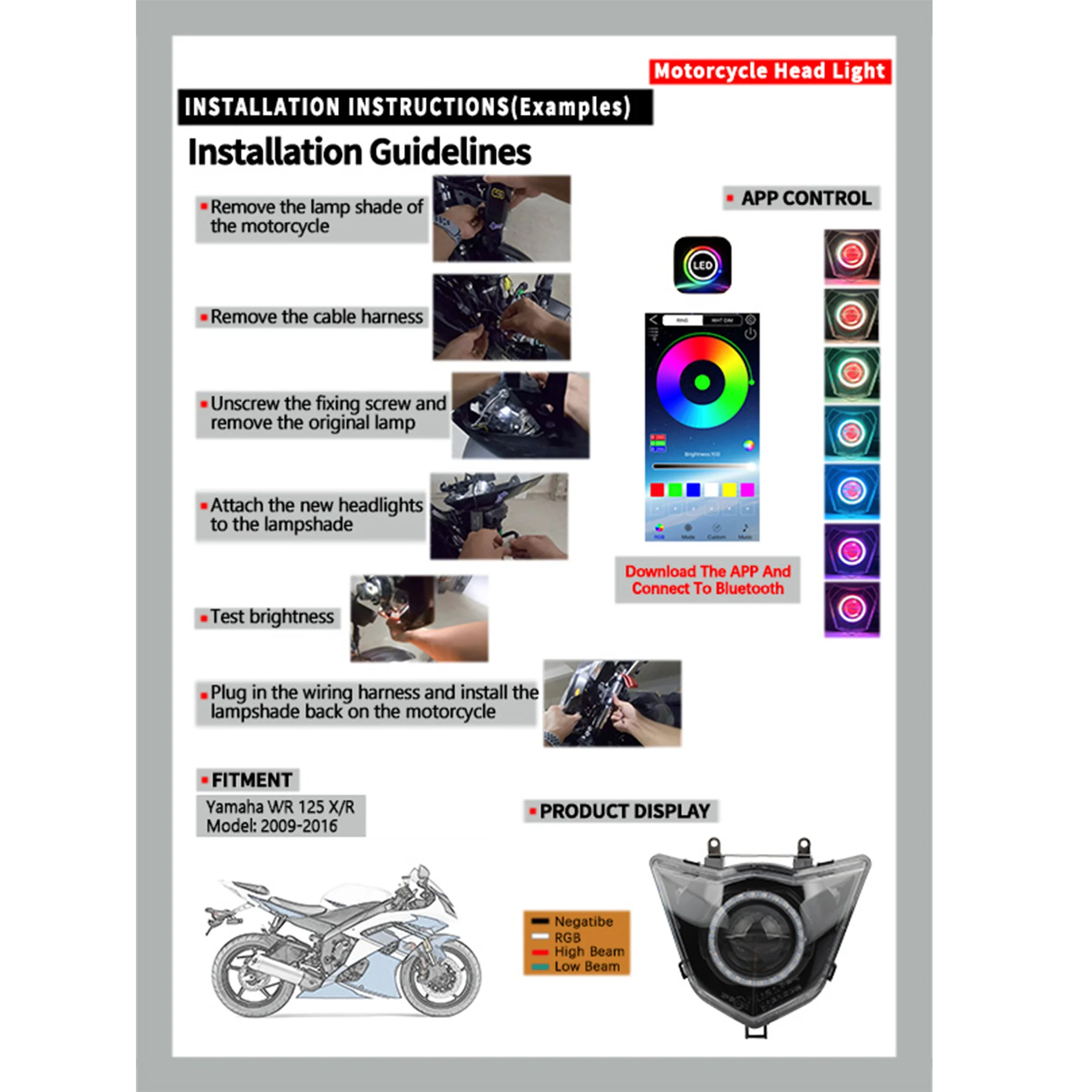 المصابيح الأمامية LED للدراجات النارية عيون الملاك أضواء ملونة كشافات لياماها WR 125 X/R 2009-2016