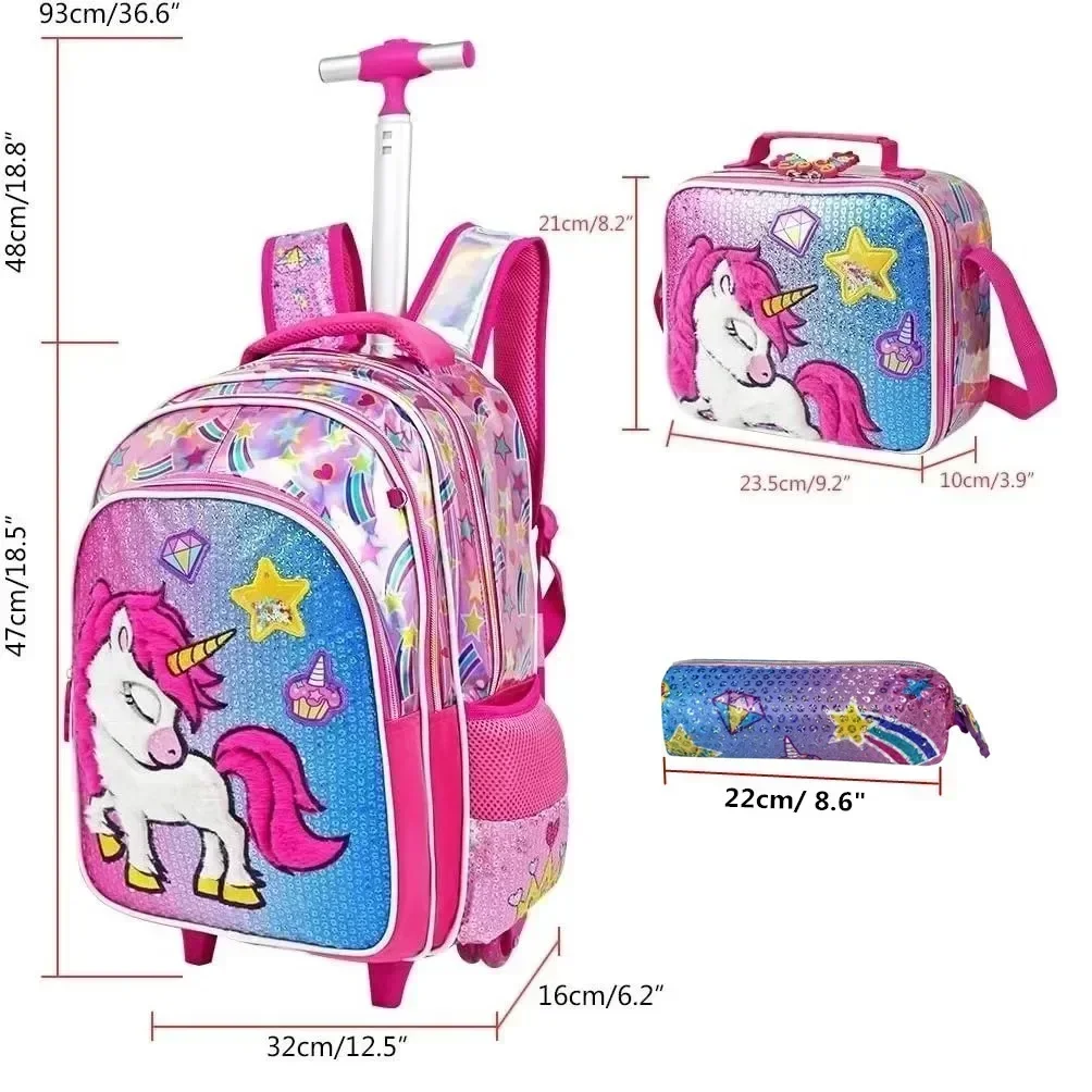 Primary School Bags Set for Boys with Wheels Trolley Kids Lovely School Bag Trolley Bookbag Carry on Luggage with Lunch Box Bags