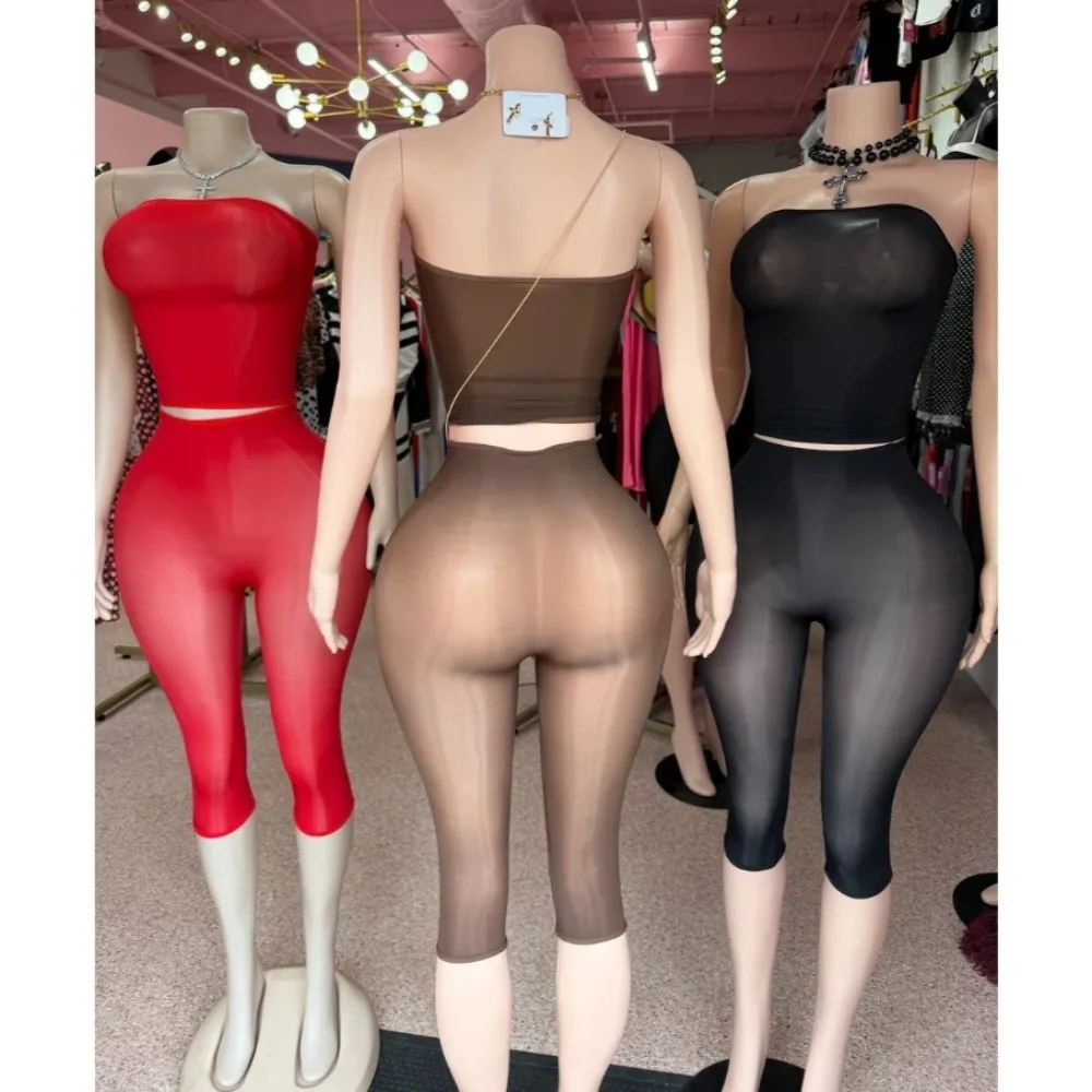STYLISH LADY See Through Mesh Sexy 2 Piece Set Women Strapless Crop Top and High Waist Capri Pant 2026 Summer Club Party Outfits view 3