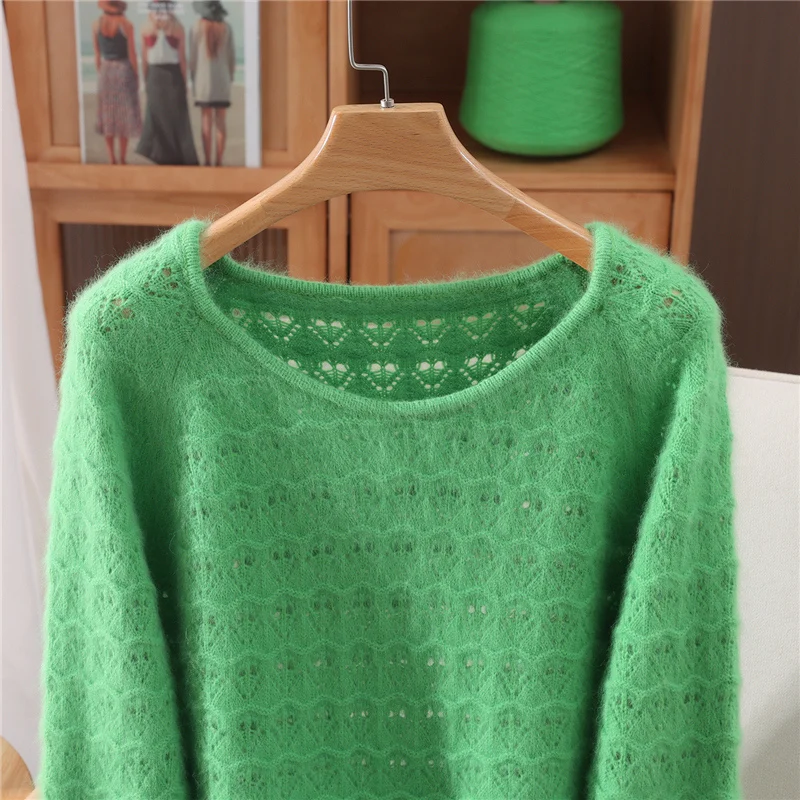 

100% Mink Cashmere Solid Color Knitted O-Neck Sweater With Openwork Pullover Long Sleeves Women Warm Soft Fashion Clothing Top
