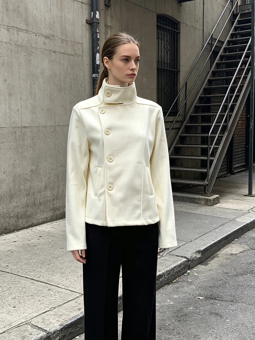 Chic Ladies Cream Stand Collar Woolen Short Jackets Asymmetric Button Long Sleeve Slim Elegant Office Daily Warm Outerwear Coats