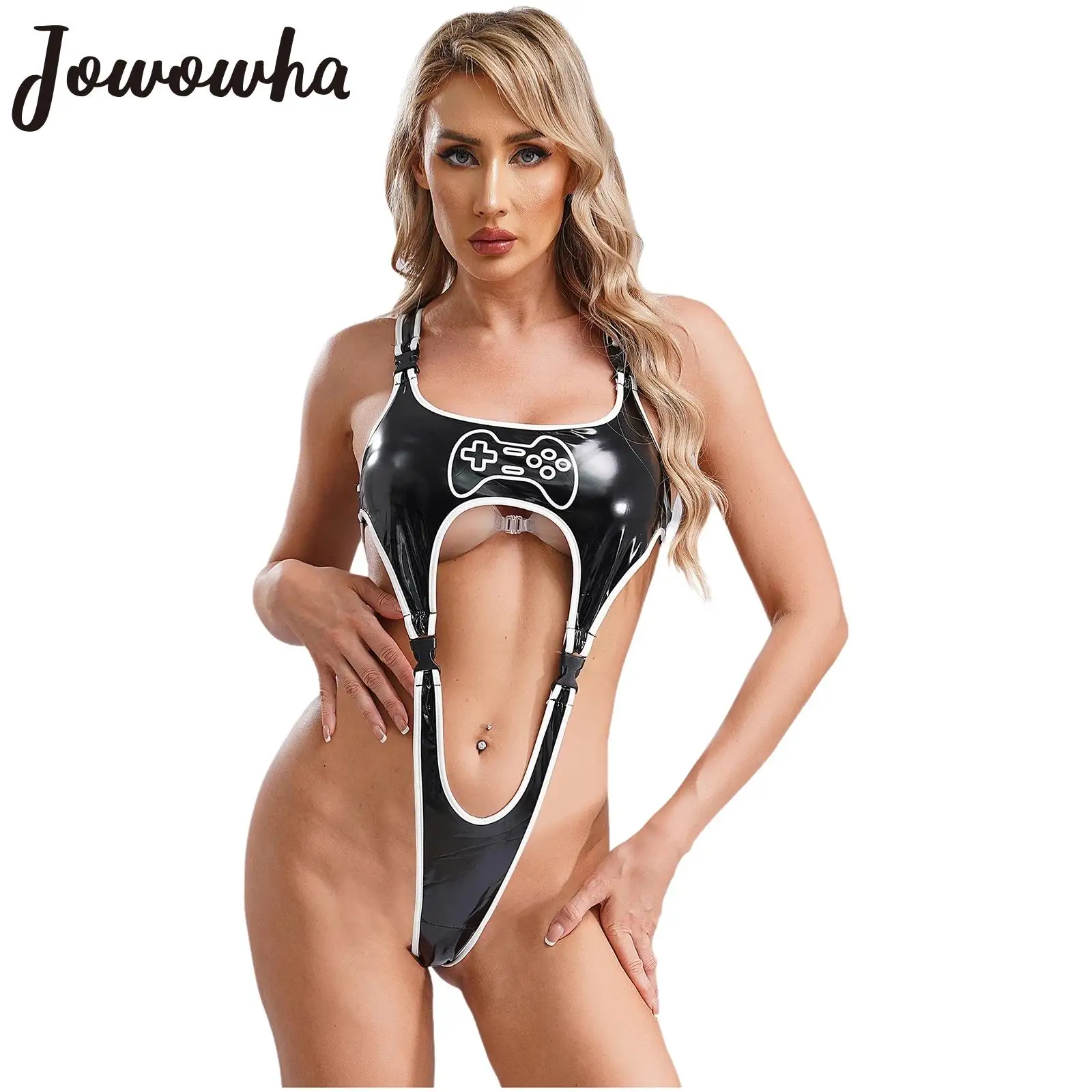 

Women Cyberpunk Style Print Bodysuit Patent Leather Lingerie Sleeveless Racer-back Buckle High Cut Leotard Bathing Suit Clubwear