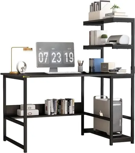 

Computer Desk with 4 Tier Shelves, 43.3 inch Large Office Desk Study Writing Desk with Bookshelf and Tower Shelf, Industrial