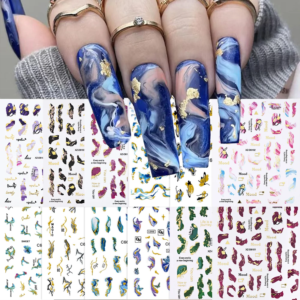 

1pcs 3D Gilding with Marble Gradient Halo nail sticker Wave Line Nail Decals Marble Abstract Blooming Stripe Adhesive NailSlider