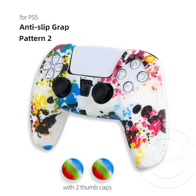 HOTHINK 1set Water Transfer Printing Silicone Protective Case Cover Skin for PS5 Controller with 2pcs Thumb Caps