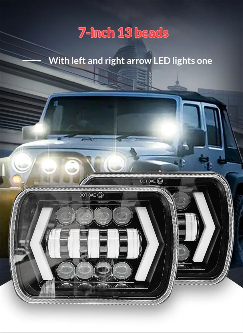 Headlight 60W 7 inch Rectangular Sealed Beam LED Headlight With DRL  for Jeep Wrangler YJ Cherokee XJ H6014 H6052 H6054