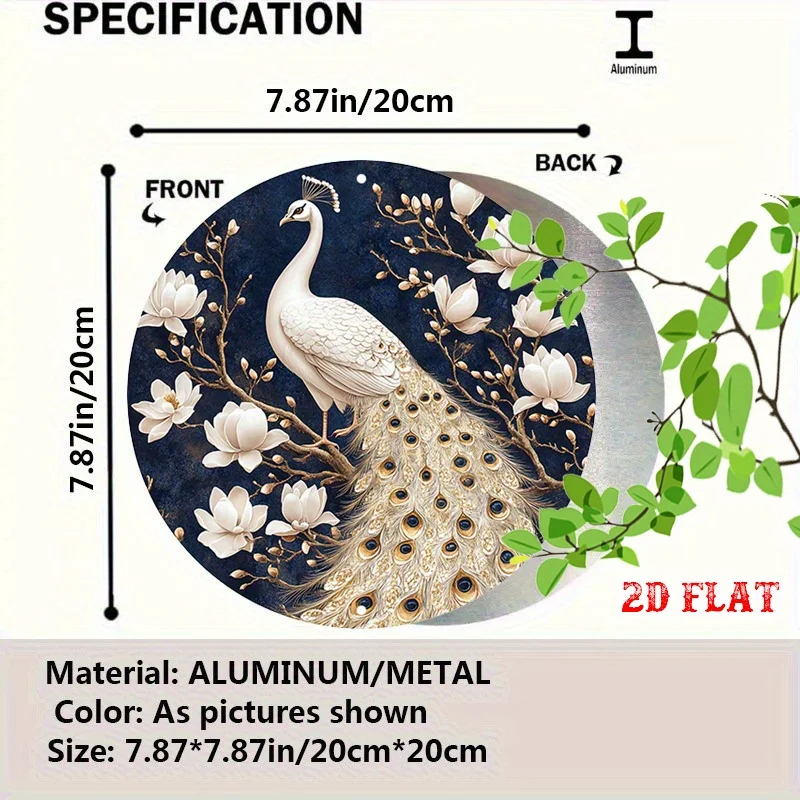 [2D Flat] Vintage White Peacock & Magnolia Flowers Round Metal Sign - 7.8