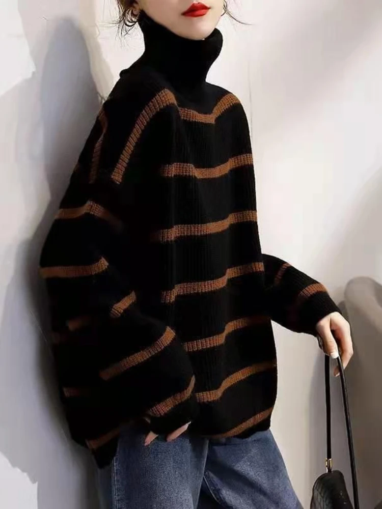 2024 Winter Fashion New Women\'s Elegant Retro Knitted Hoodie High Neck Casual Warm Long Sleeve Color Blocked Striped Top Jumper