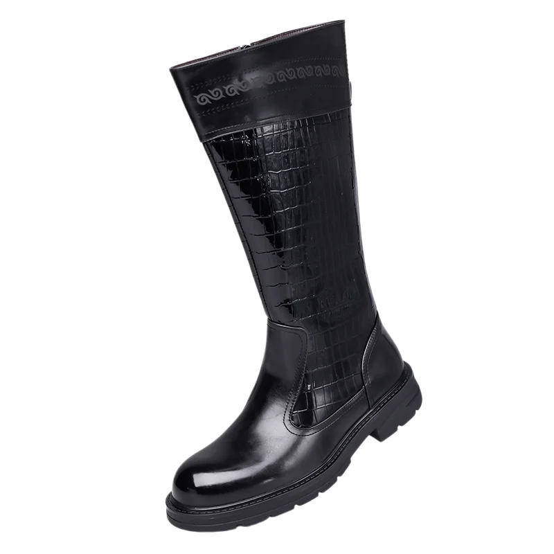 Men High-end Long Boots with Side Zipper Splicing Added Anti Slip Stone Patterns Fashionable Avant-garde Motorcycle Boots