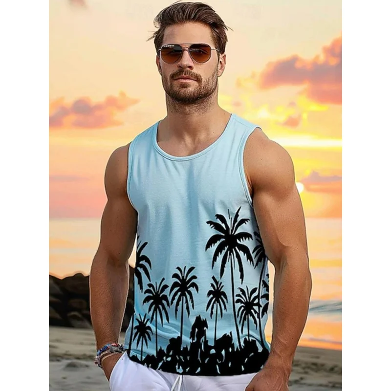 3D Print Coconut Tree Waves Tank Tops For Men Colorful Gradient Pattern Tees Summer Loose Vacation Street Sport Tops O-Neck Vest