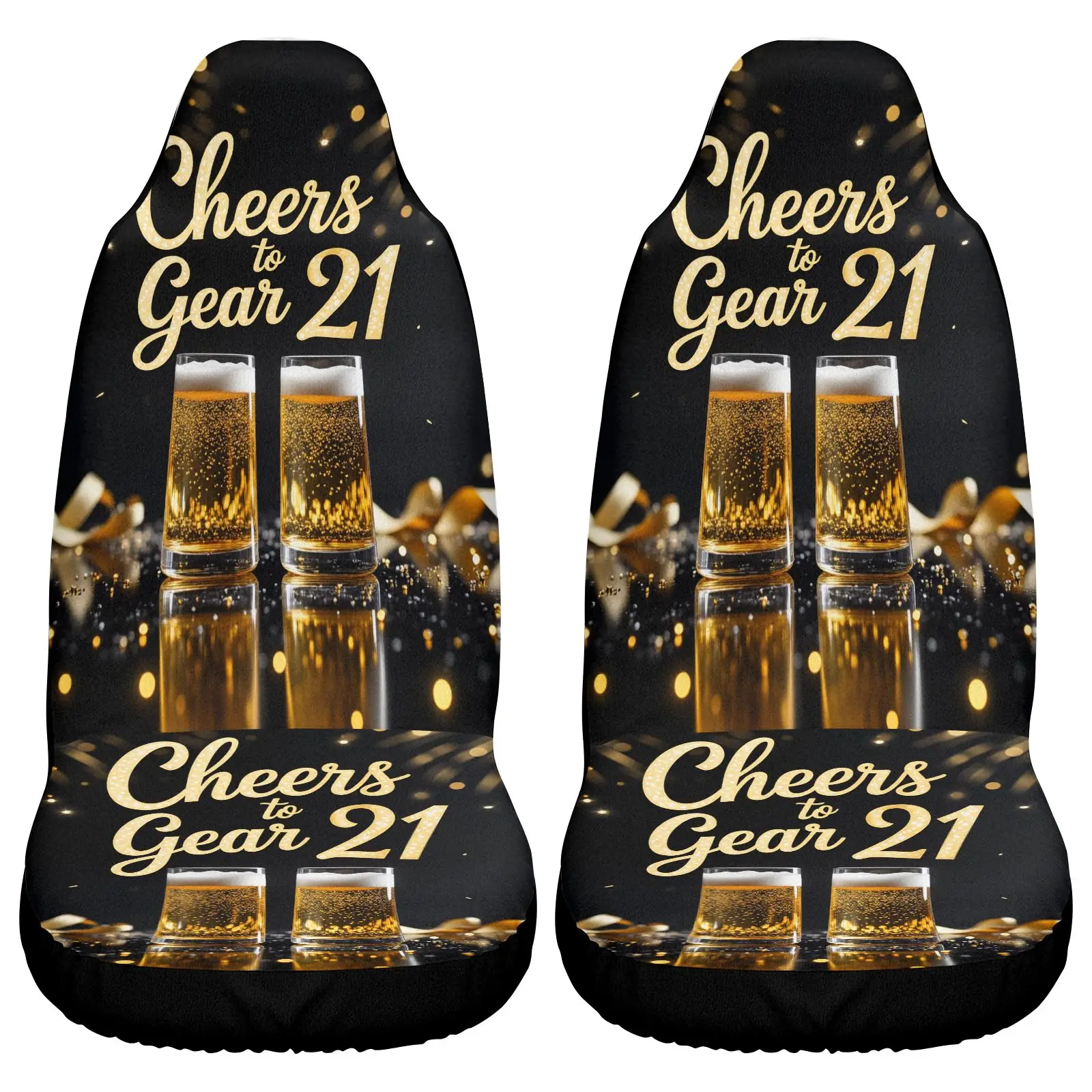 Car Seat Covers Black Cheers To Gear 21 Beer Glasses Golden Sparkles Design | Non- Polyester Fabric, Universal Fit For Car Inter