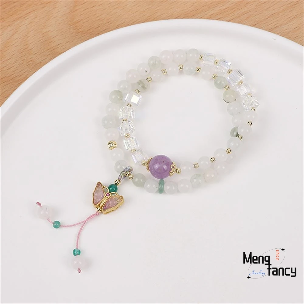 Neue chinesische literarische Retro Doppel kreis 6mm Tianshan Cui Hands chnur Schmetterling Anhänger Doppel Jade Armband Luxus edlen Schmuck