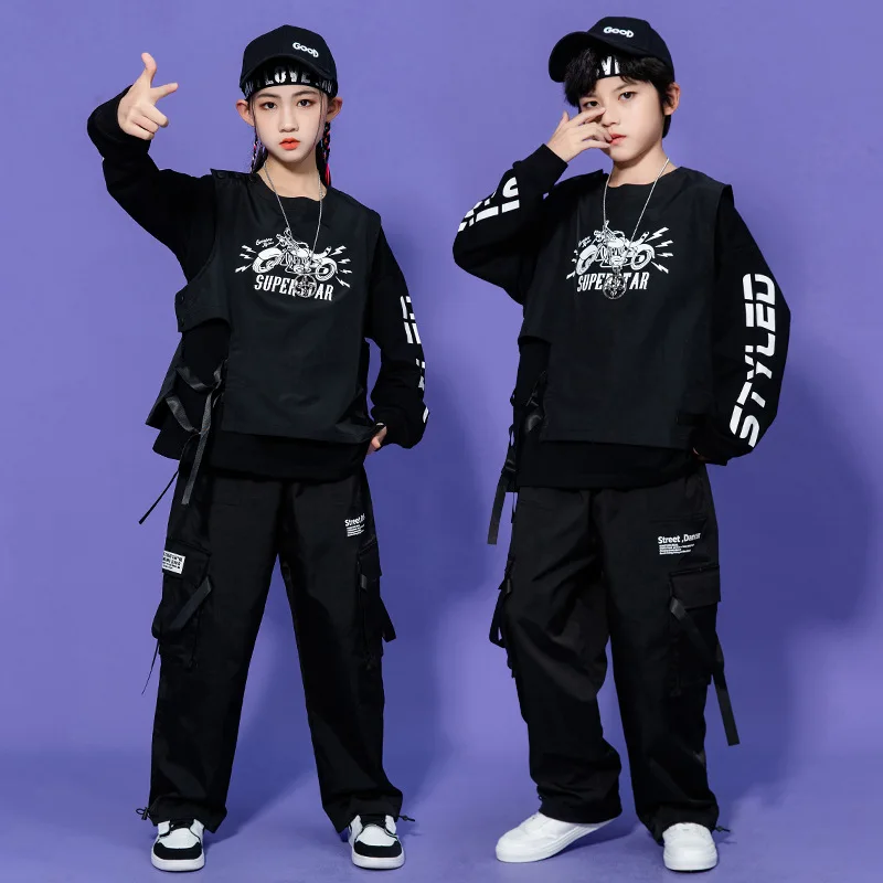 Boys Hip Hop Vest Sweatshirt Cargo Pants Girls Jazz Loose Joggers Clothes Sets Child Streetwear Kids Stage Street Dance Costumes