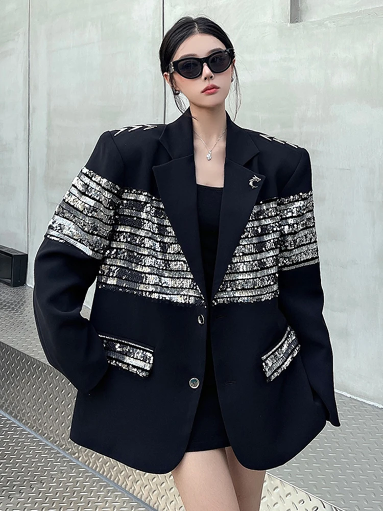 ZMEENNA Women Black Sequin Spliced Big Size Casual Blazer New Lapel Long Sleeve Fit Jacket Fashion Tide Spring Autumn 2024 ZM574