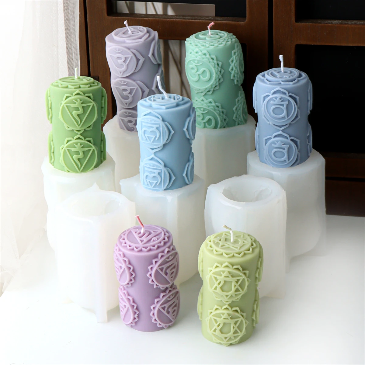 Chakras Pillar Silicone Candle Mold DIY Cylinder Chakras Spiritual Candle Mold Handmade Geometry Pillar Soap Plaster Making Mold