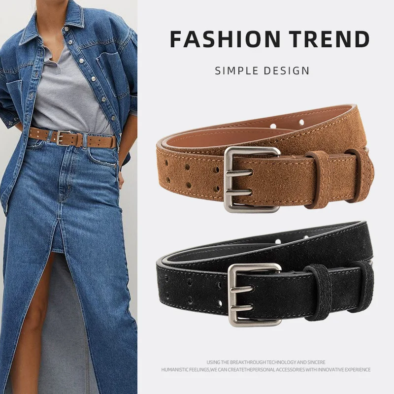 Ladies Trendy Suede Cowhide Belt Vintage Rectangular Buckle Soft Second Layer Leather Waistband for Coat Shirt Fashion Accessori