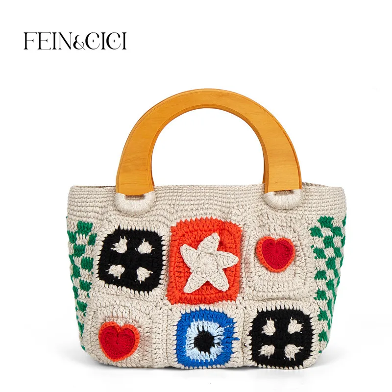 Designer Braided crochet tote bag Women Casual Ethnic Style top handle bag Woven Jacquard floral bucket handbag