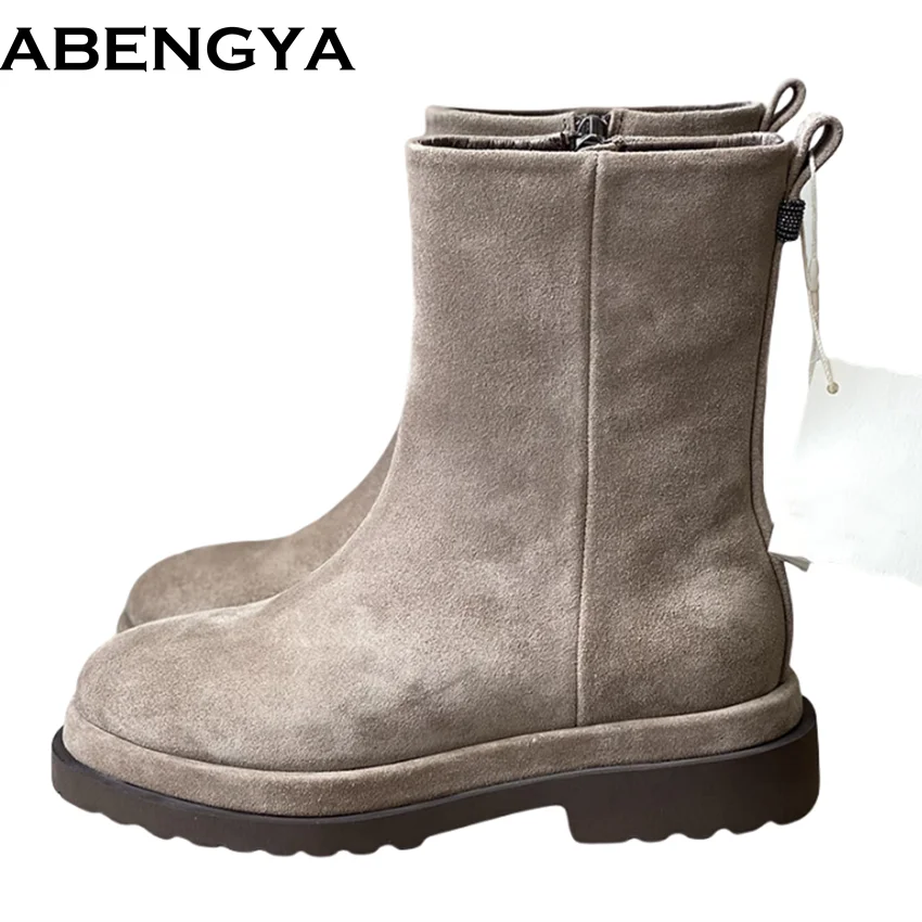 New Cow Suede Leather Flat Knight Boots Woman Square Heel Casual Shoes For Woman Round Toe Side Zip Ankle Boots For Women