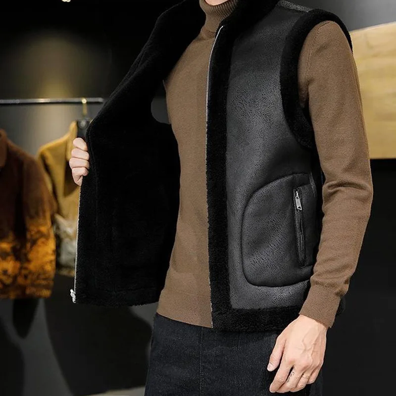 

Winter Men' Vest Coat High Quality Wool Thickened Warm Suede Leather Jacket Male Both Sides Can Wear Jacket 5XL Men Clothing
