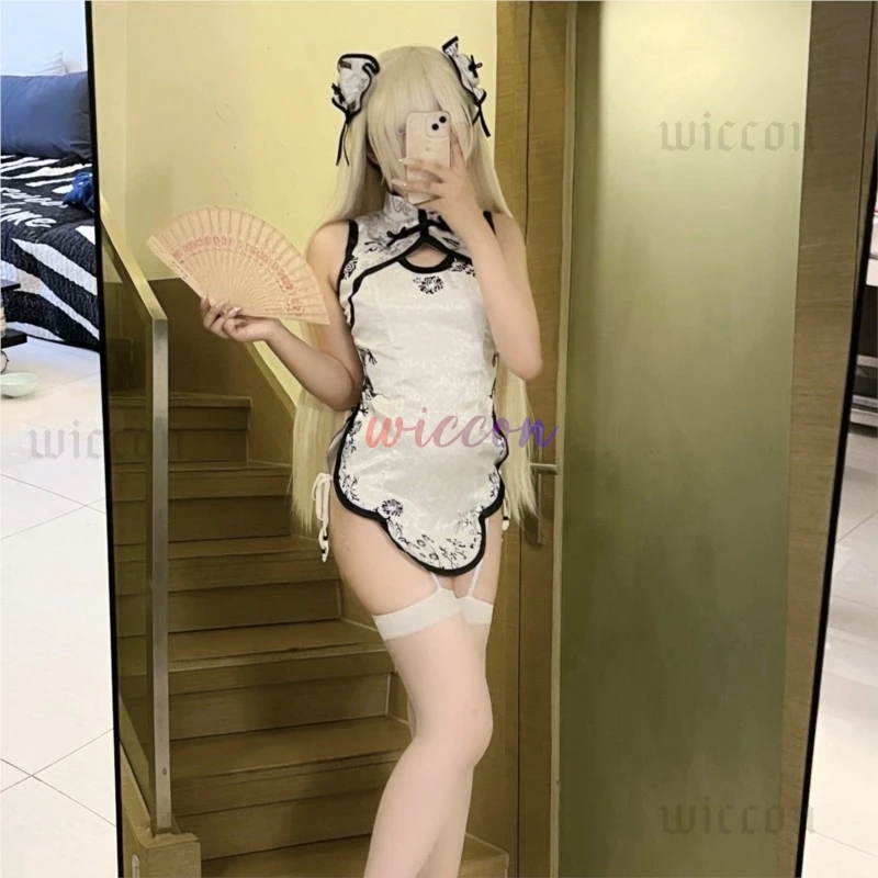 )(*&Kasugano Sora COS بيجامة بأشرطة شيونغسام من الدانتيل المجوف بفتحة عالية Yosuga No Sora ملابس داخلية فستان تشيباو الصيني التقليدي