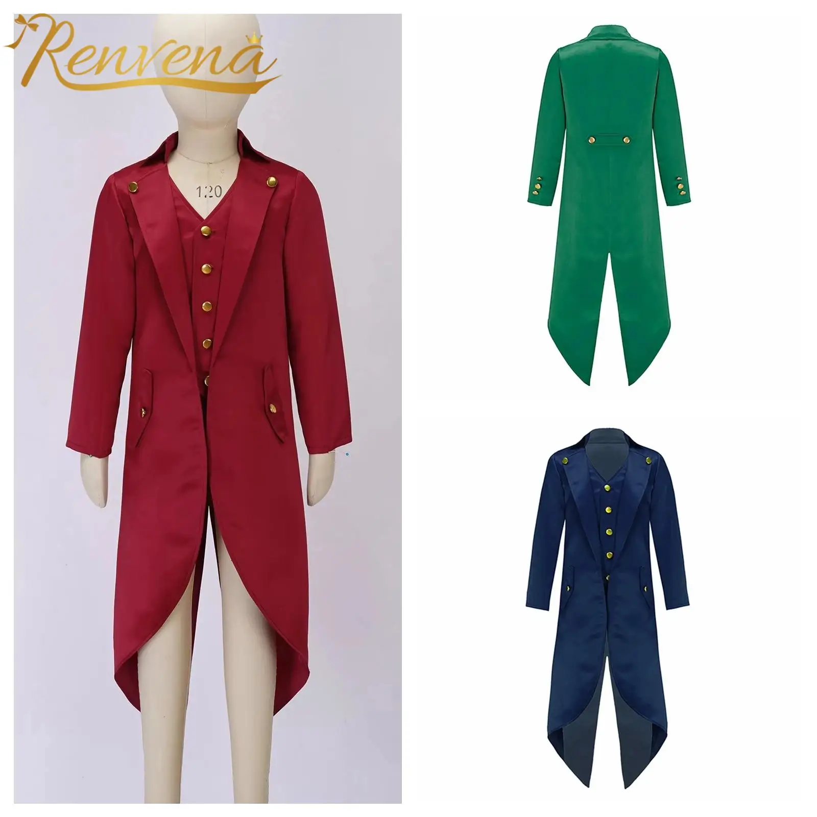 Kid Boys Medieval Renaissance Tailcoat Victorian Jacket Steampunk Pirate Cosplay Party Costume Childs Ringmaster Magician Coat