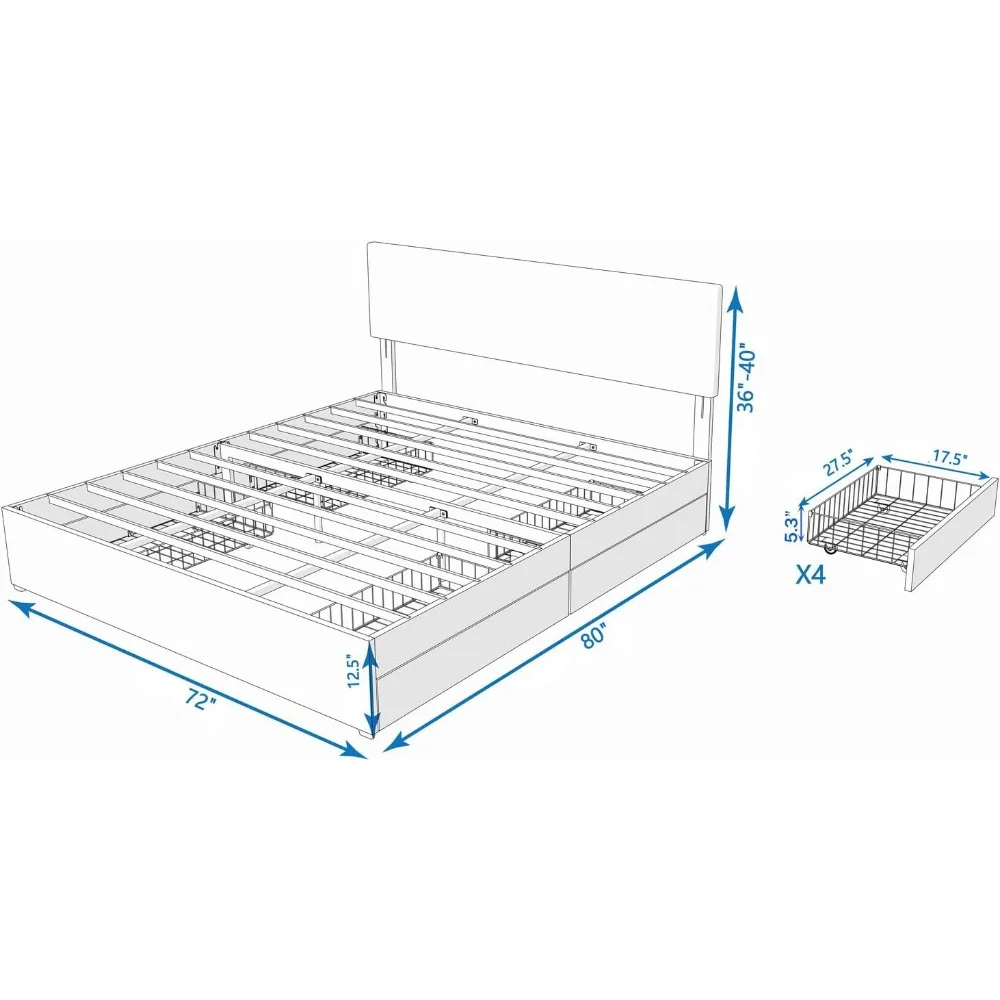 إطار سرير رمادي من قماش الكتان البانانا مع لوح رأسي كريستالي، 4 أدراج تخزين، دعم شرائح معدنية، لا حاجة إلى صندوق زنبركي (King (U)