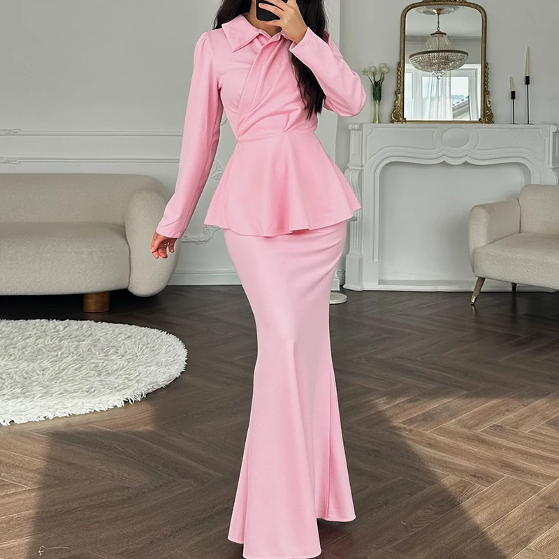 

Элегантный облегающий костюм-двойка для женщин: топ с отложным воротником и длинными рукавами и юбка, однотонный, с завышенной талией, для офиса и вечеринок