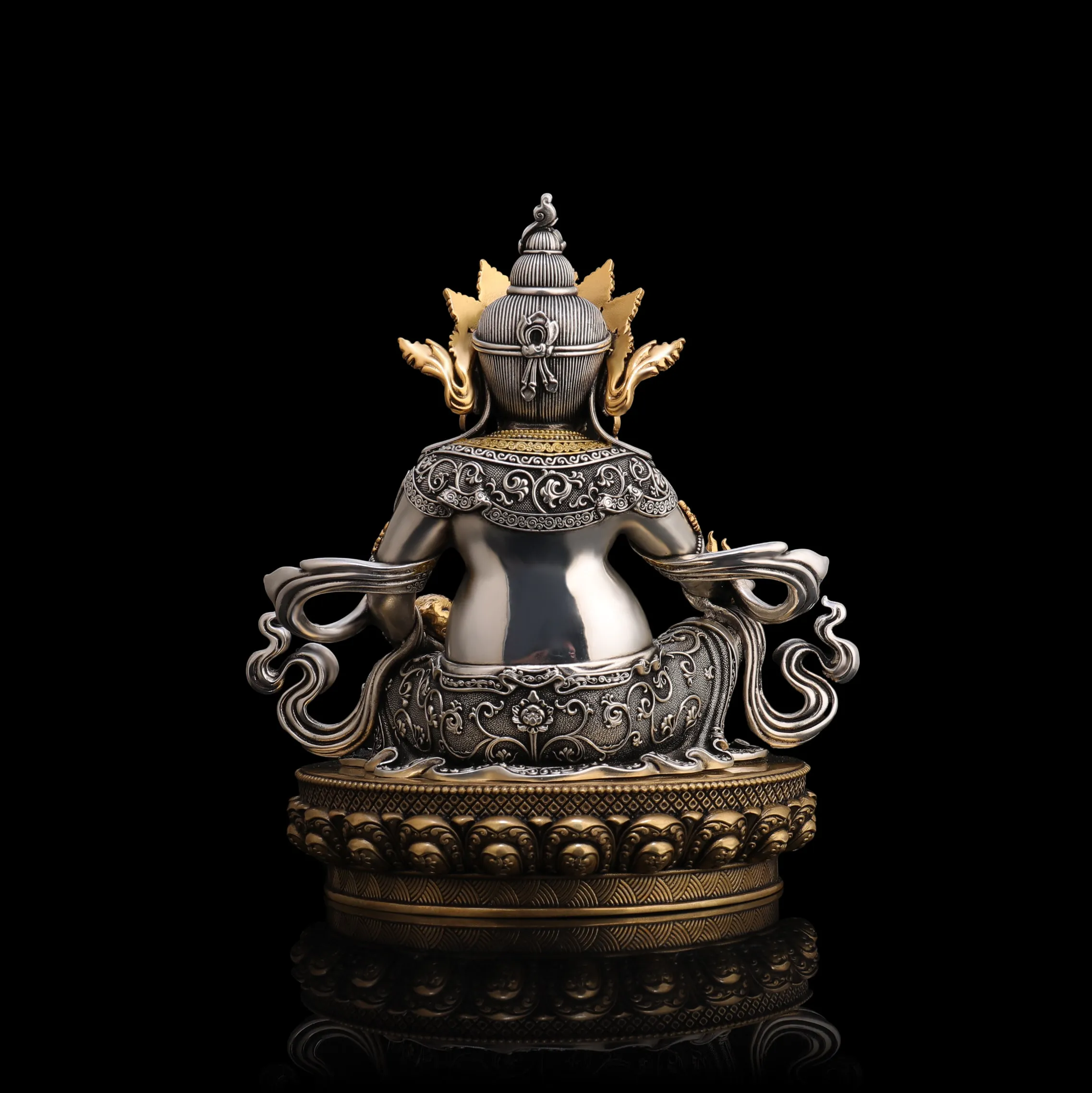 Nepal Handmade Pure Copper Silver-Plated Yellow Jambhala Statue 15cm Wealth Deity Altar Decor