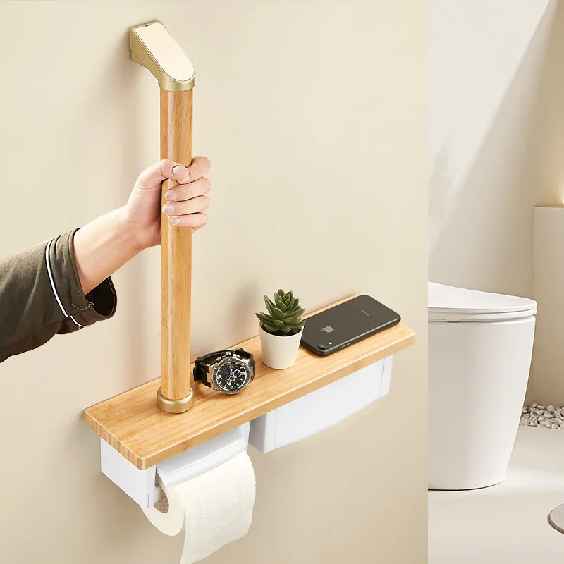 Toilet Bathroom Handrail Rail Elderly Safety Anti-drop Solid Wood Toilet Get Up Handrail Rack Tissue Box Toilet Safety Rails