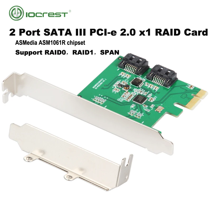 IOCREST 2 Port SATA III PCIe 2.0 x1 RAID SATA 6G Controller Card support RAID 0 1 SPAN Asmedia 1061r chip