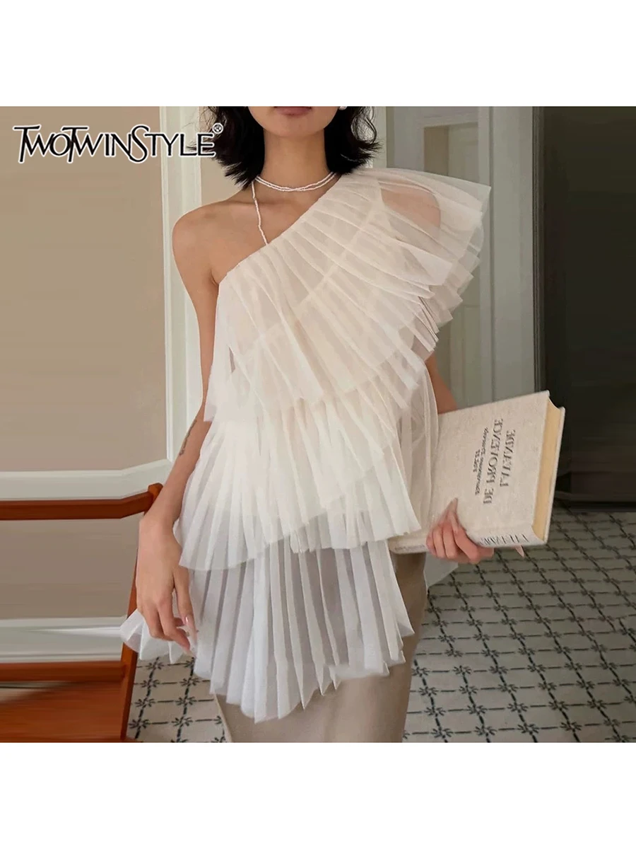 TWOTWINSTYLE Irregular Mesh Shirts for Women Diagonal Collar One Shoulder Solid Sheer Spliced Folds Blouse Female Fashion 2026
