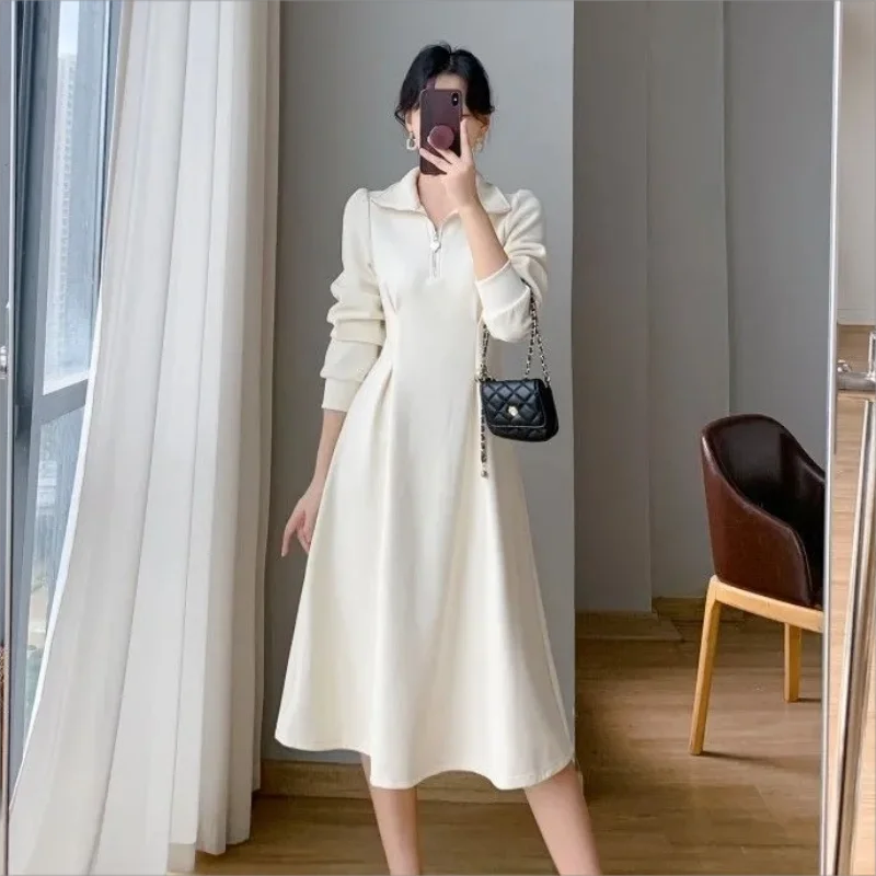 New 2024 Vintage High Waist Korean Fashion Black Dress Women's Autumn Winter Long Sleeve Zippered Dresses