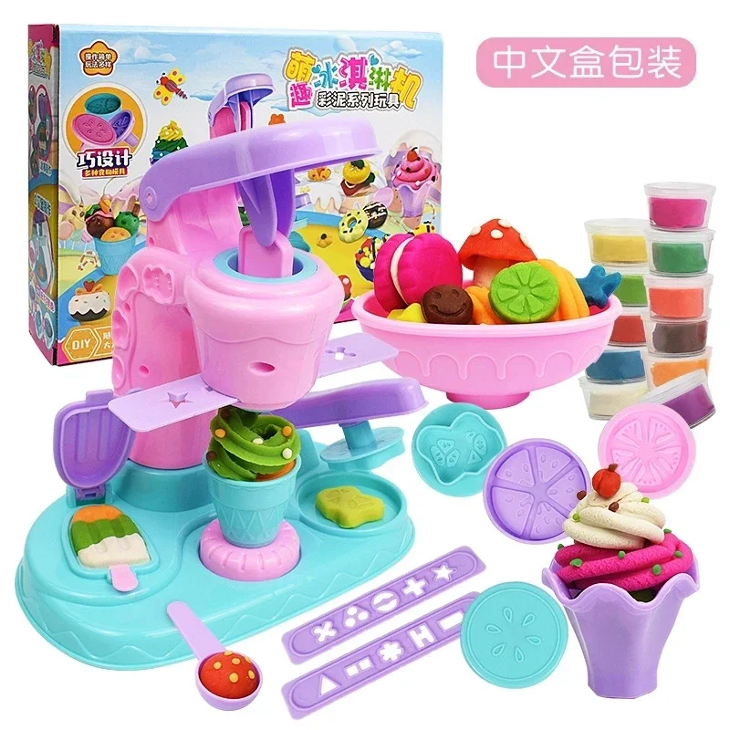Non-Toxic Ice Cream Clay Set with Hamburger & Noodle Machine, Pretend Play Dough Molds Tools for Kids 3+