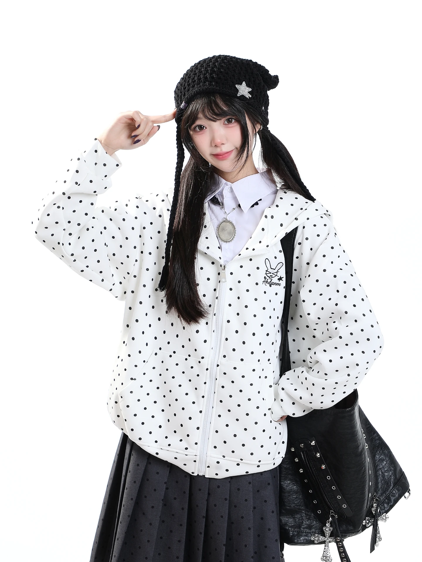Sweet Polka Dot Rabbit Ear Hooded Open Cardigan Sweatshirt Women's Loose Casual Girl's Slimming Zipper Jacket Autumn Wear