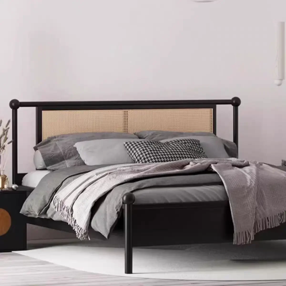 

-Для японской кровати из ротанга, каркас из цельного дерева, современный королевский размер, размер, отель, квартира, спальня, мебель для дома, деревянный каркас кровати