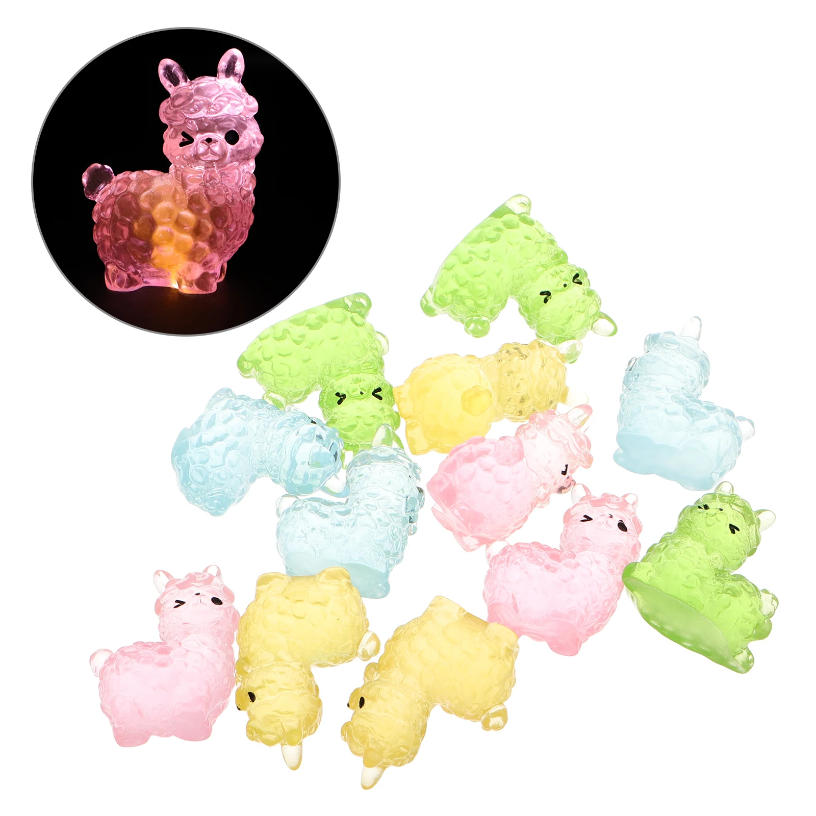

12pcs Cute Alpaca Figurines Resin Mini Animal Ornament Glow in Dark Decor Small Luminous Statues for Garden Desktop Landscape