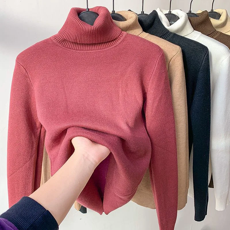 2024 musim gugur dan musim dingin baru tebal beludru Sweater wanita tinggi leher Pullover Sweater hangat Slim rajutan dasar Sweater jaket atasan