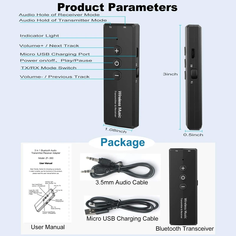 Transmissor e receptor Bluetooth 5.0, 3-em-1, sem fio, 3,5mm, adaptador de áudio para TV, PC, fones de ouvido, sistema de som doméstico, carro