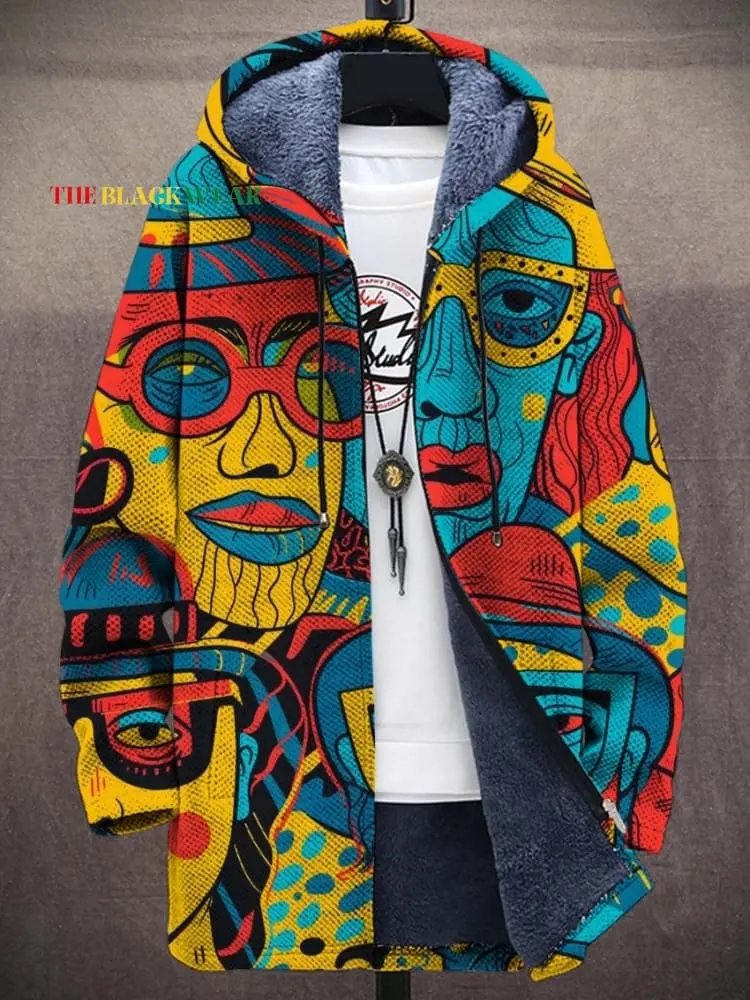 

Vintage Illustration Art Head With Glasses Print Unisex Plush Thick Long-Sleeved Sweater Cardigan Coat Men's Thick Warm Jacket