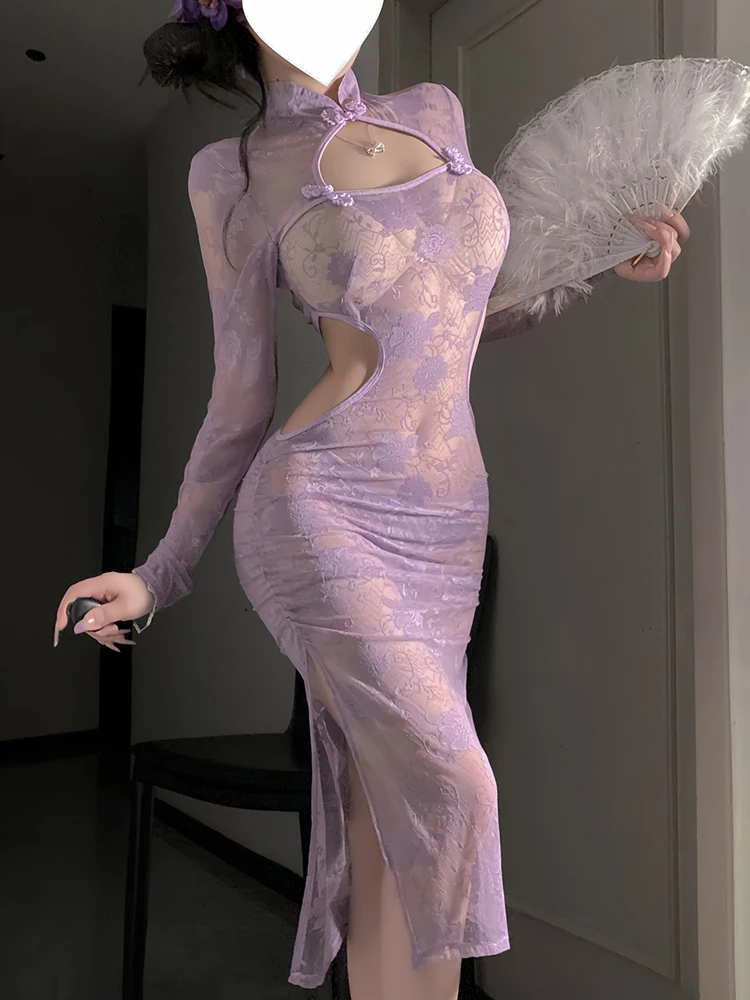 

Purple High Slit Lingerie Sexy See tough Emotional Interest Spwear Temptation Home Clothes Long Sve round Ne