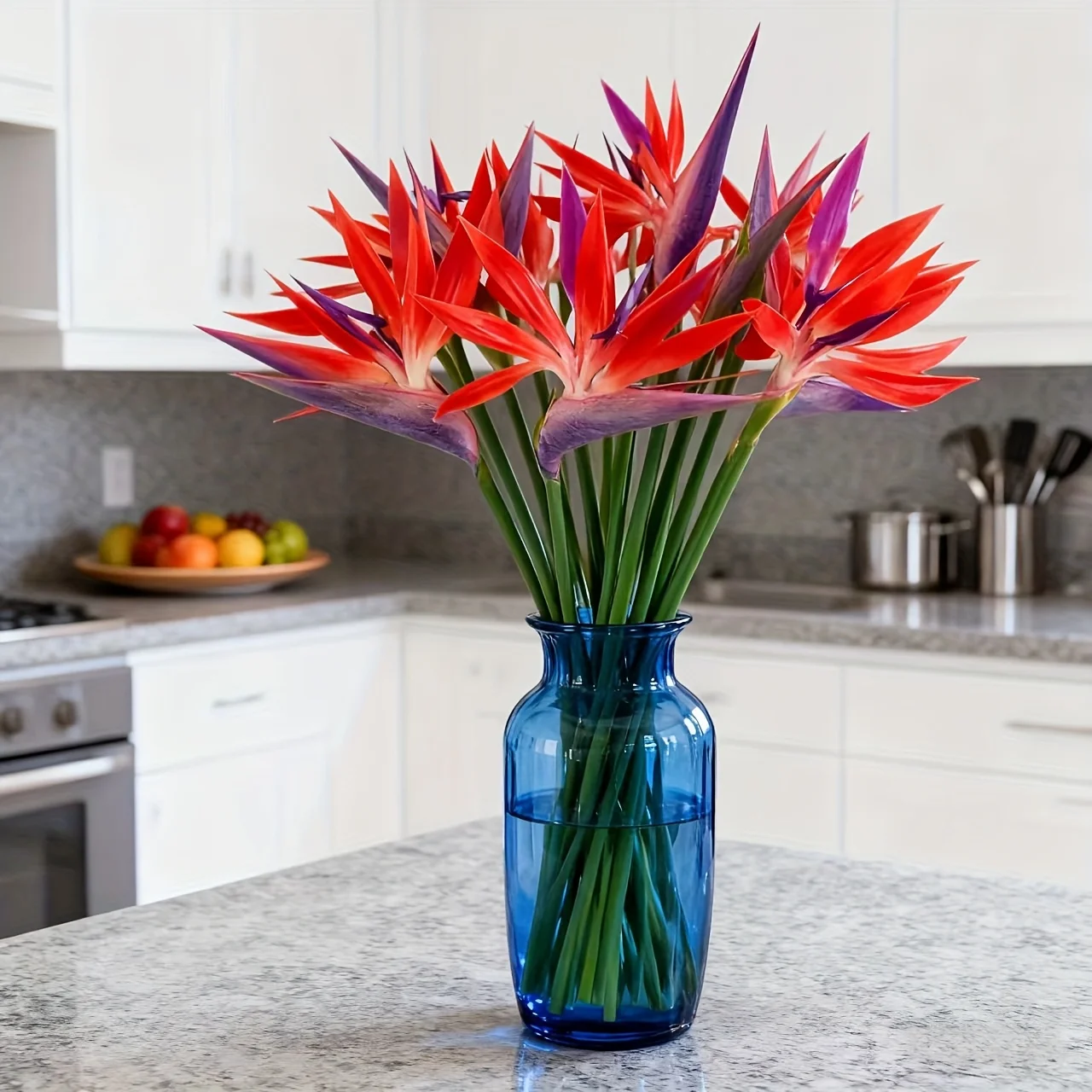 4 piezas sin florero, flores artificiales vívidas de Ave del Paraíso de verano - Flores Stanzia con hojas verdes, pétalos naranjas y morados, perfectas para centros de mesa en el hogar, la oficina y bodas. |     Flores