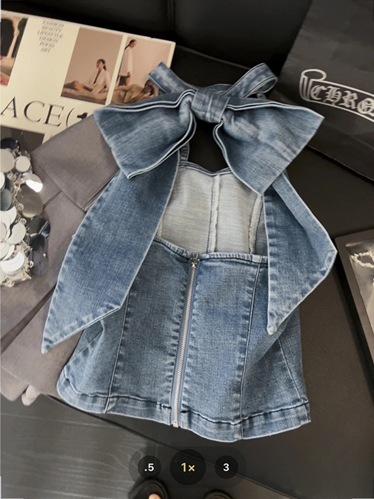 Women\'s Blue Denim Crop Top Vintage Y2k Summer Camisole 90s Aesthetic Fashion Streetwear 2000s Sleeveless Bow Jean Tank Top Vest