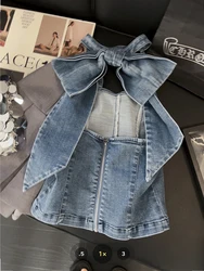 Women's Blue Denim Crop Top Vintage Y2k Summer Camisole 90s Aesthetic Fashion Streetwear 2000s Sleeveless Bow Jean Tank Top Vest