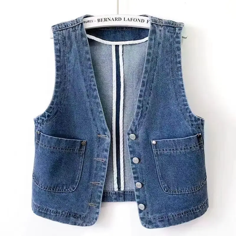 

Fashion Retro Denim Vest Women's Waistcoat Short Slim Blue jeans Vest Coat 2025 Spring Autumn New Casual Sleeveless Jacket Tos