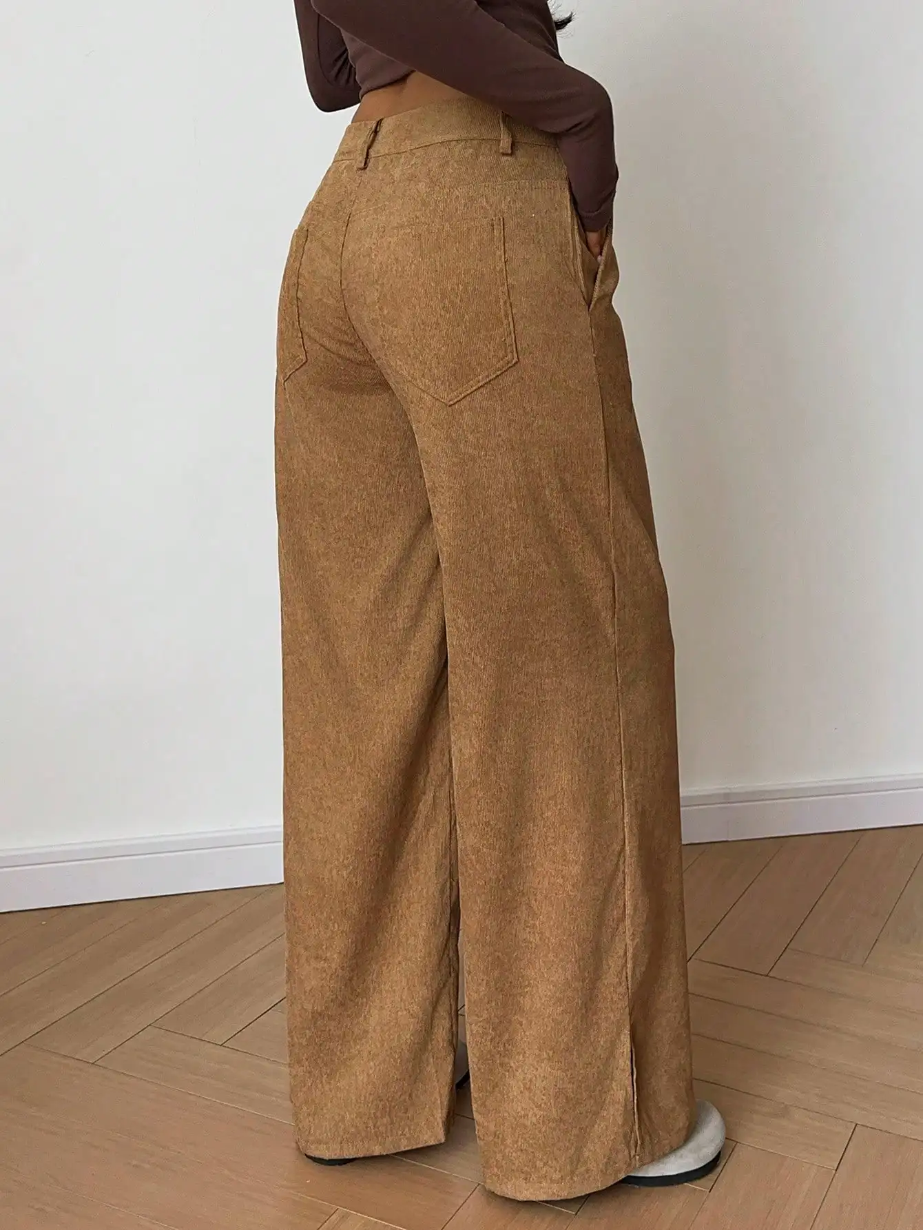 Flirla Herbst/Winter Lässige modische Cord-Seitenschlitz-Maxihose mit lockerem geradem Bein für Damen